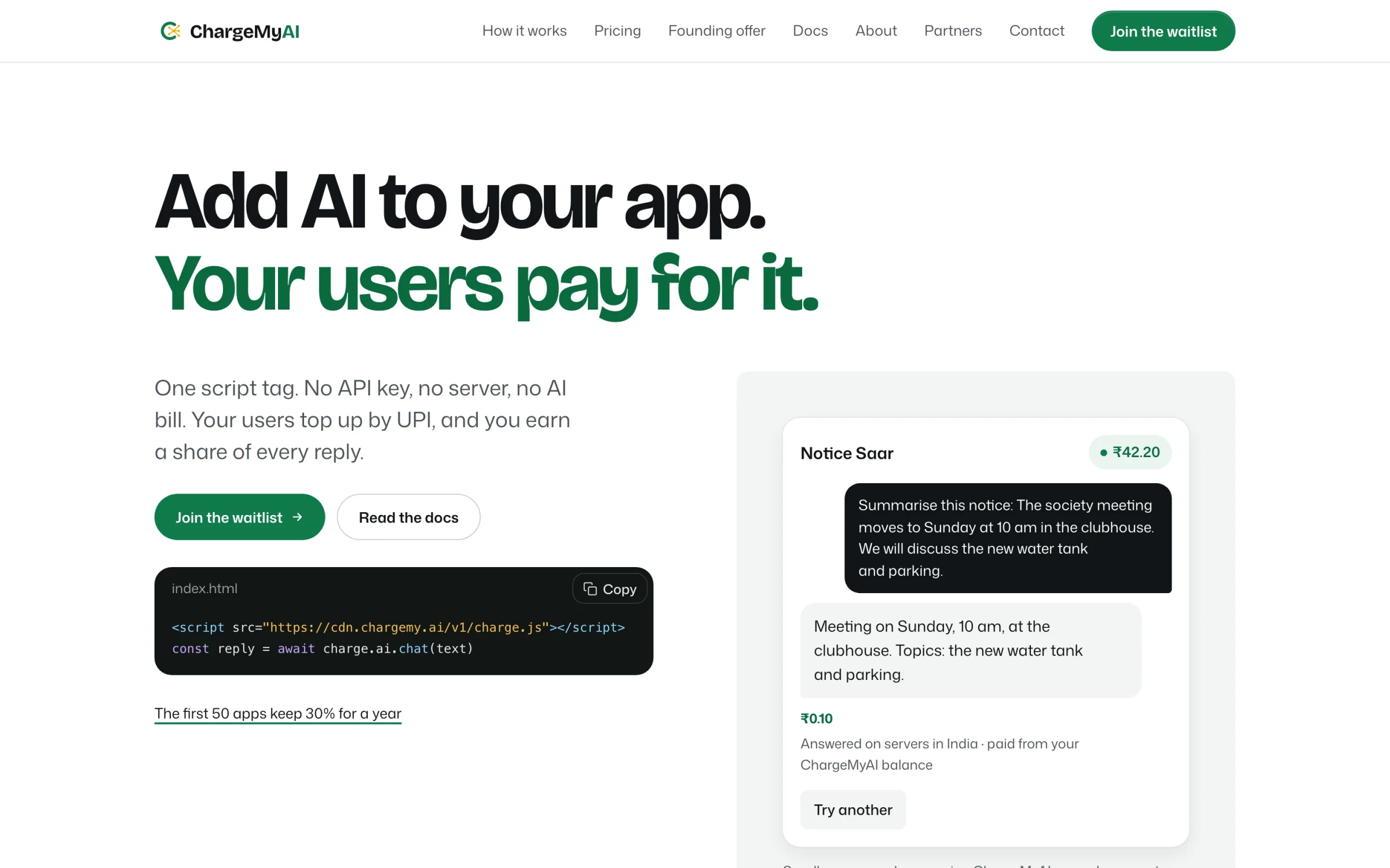 ChargeMyAI's homepage: one script tag, and a sample app answering for ₹0.10.