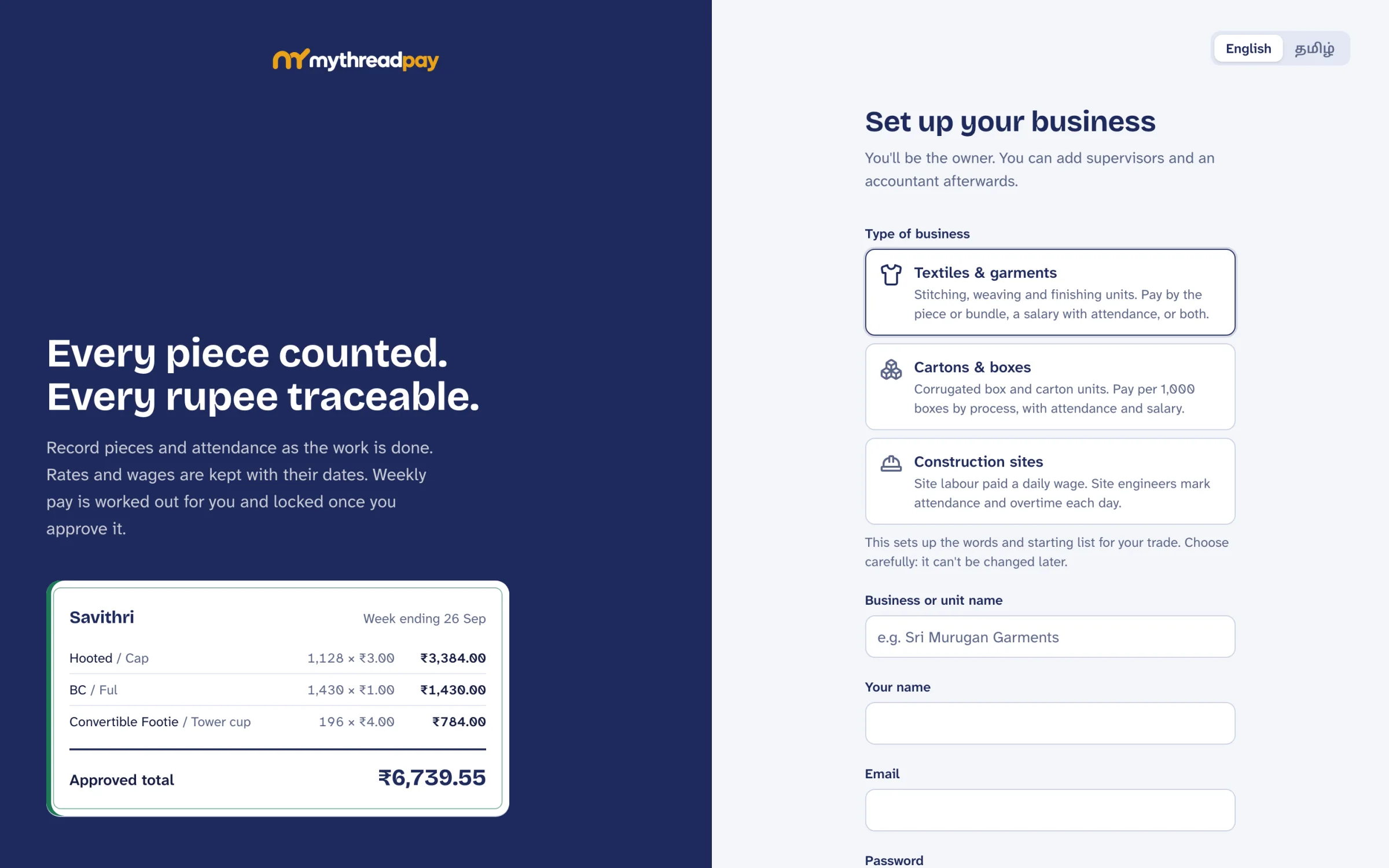 MyThreadPay's sign-up page: a week's approved total for one worker, by piece and rate.